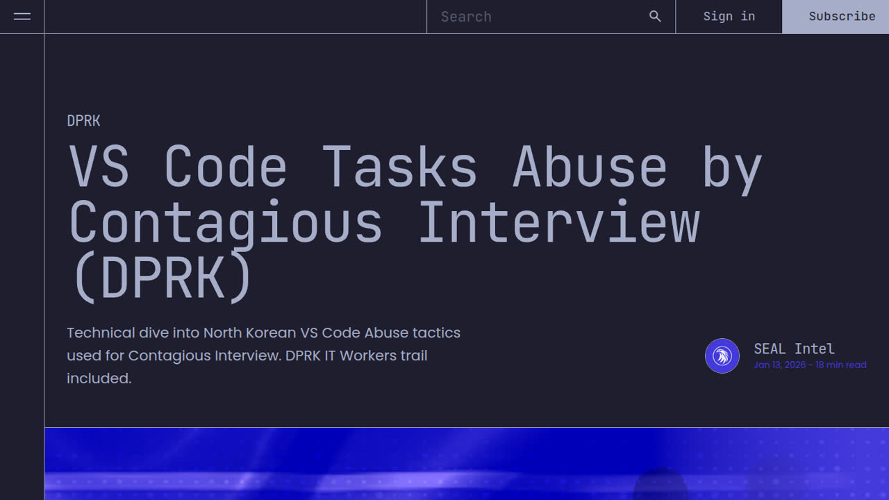 Thumbnail for VS Code Tasks Abuse by Contagious Interview (DPRK)
