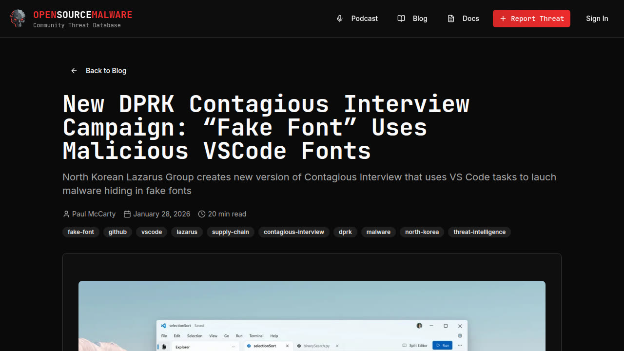 Thumbnail for New DPRK Contagious Interview Campaign: “Fake Font” Uses Malicious VSCode Fonts