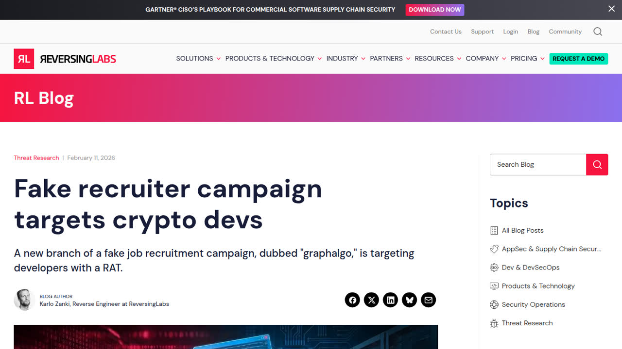 Thumbnail for Fake recruiter campaign targets crypto developers with RAT