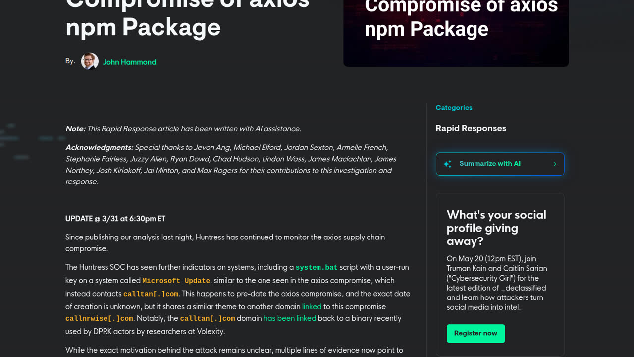 Thumbnail for Supply Chain Compromise of axios npm Package