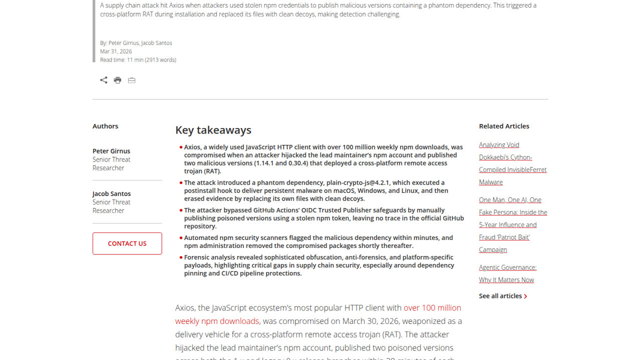 Thumbnail for Axios NPM Package Compromised: Supply Chain Attack Hits JavaScript HTTP Client with 100M+ Weekly Downloads