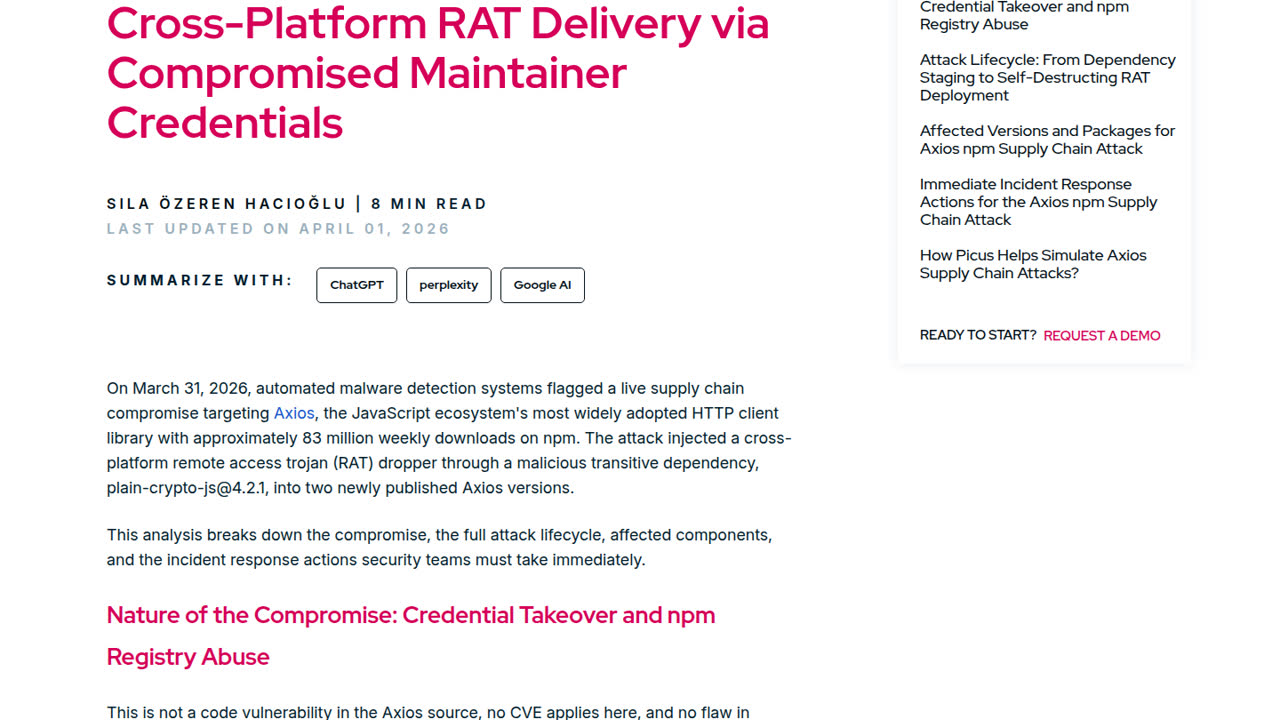 Thumbnail for Axios npm Supply Chain Attack: Cross-Platform RAT Delivery via Compromised Maintainer Credentials