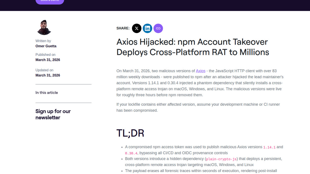 Thumbnail for Axios Hijacked: npm Account Takeover Deploys Cross-Platform RAT to Millions
