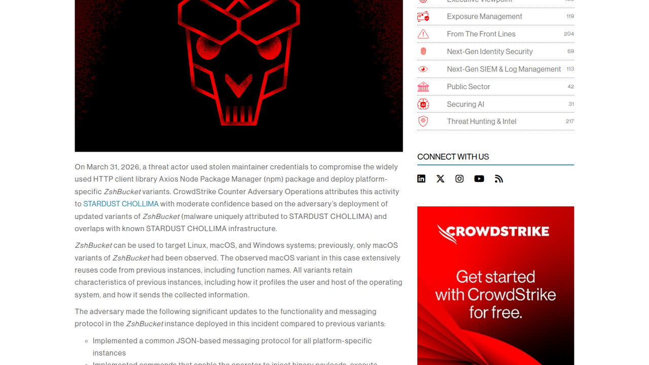 Thumbnail for STARDUST CHOLLIMA Likely Compromises Axios npm Package
