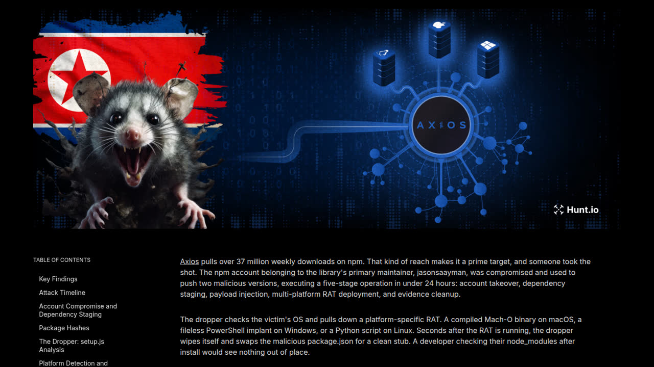 Thumbnail for Breaking Down the Axios Supply Chain Attack: Dropper, Cross-Platform RATs, and BlueNoroff/TA444