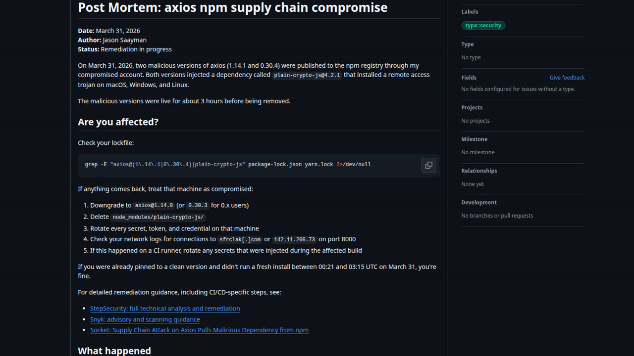 Thumbnail for Post Mortem: axios npm supply chain compromise