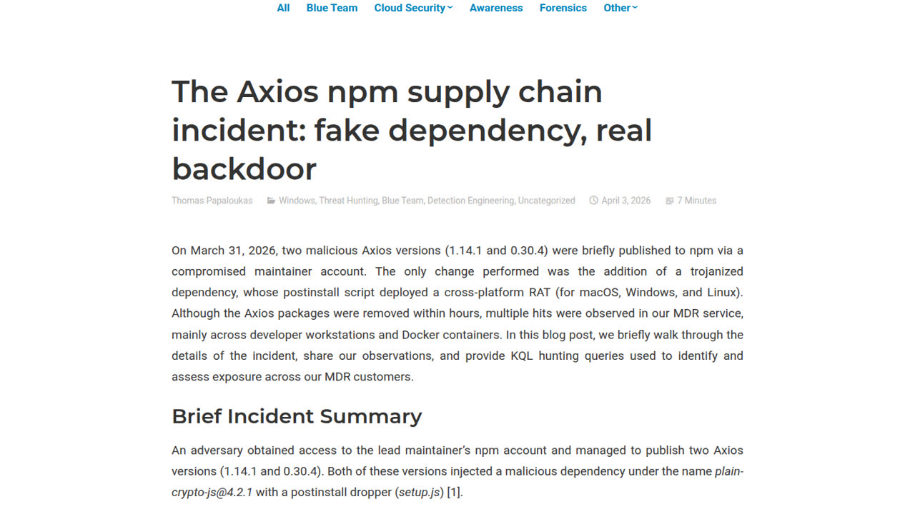 Thumbnail for Axios npm attack: rapid hunting with KQL and response guide