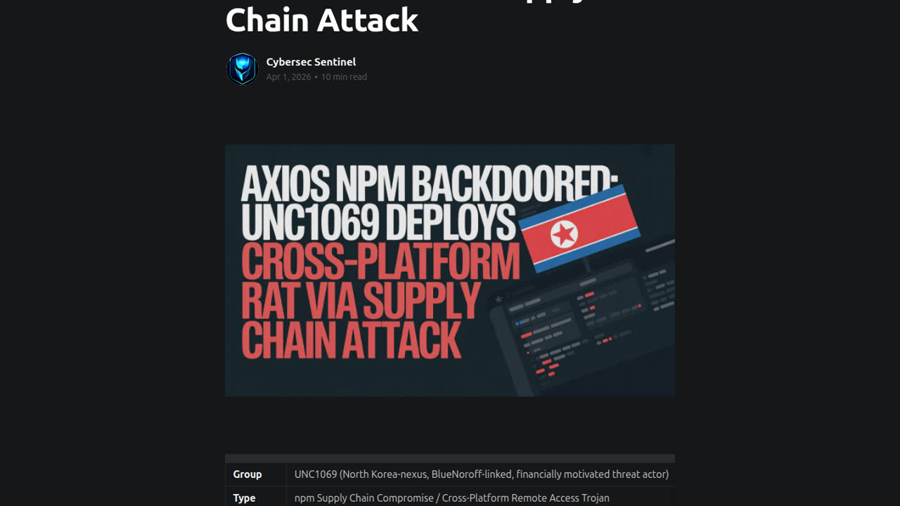 Thumbnail for Axios npm Backdoored: UNC1069 Deploys Cross-Platform RAT via Supply Chain Attack