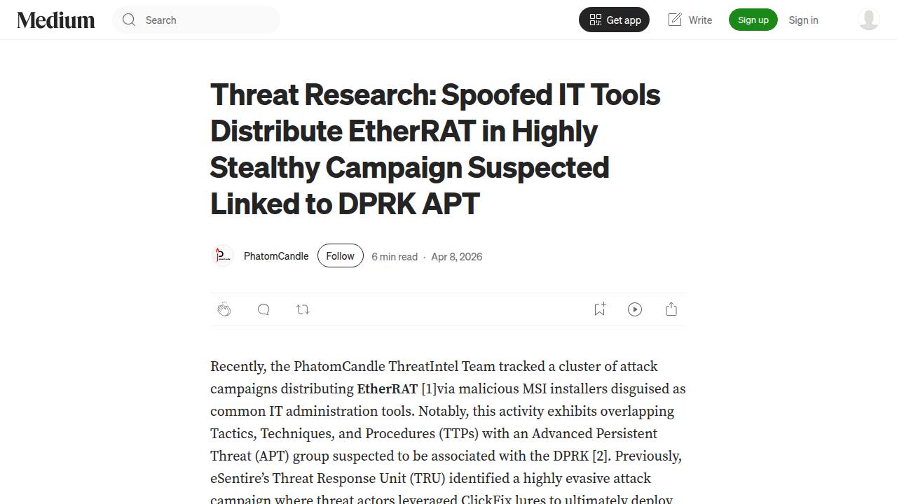 Thumbnail for Spoofed IT Tools Distribute EtherRAT in Highly Stealthy Campaign Suspected Linked to DPRK APT
