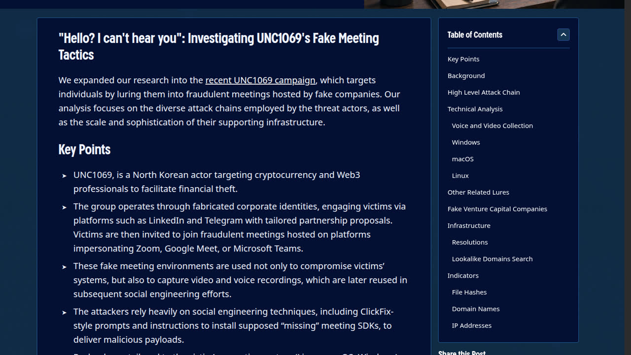 Thumbnail for "Hello? I can’t hear you": Investigating UNC1069’s Fake Meeting Tactics