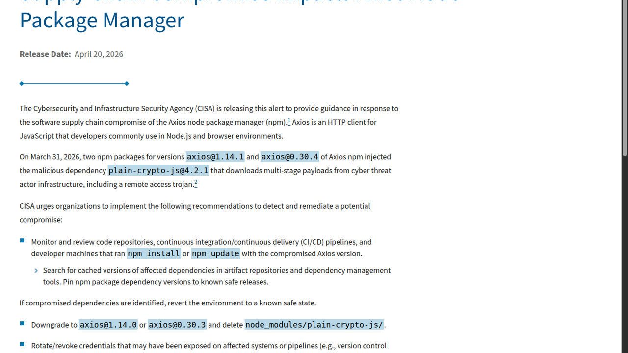 Thumbnail for Supply Chain Compromise Impacts Axios Node Package Manager