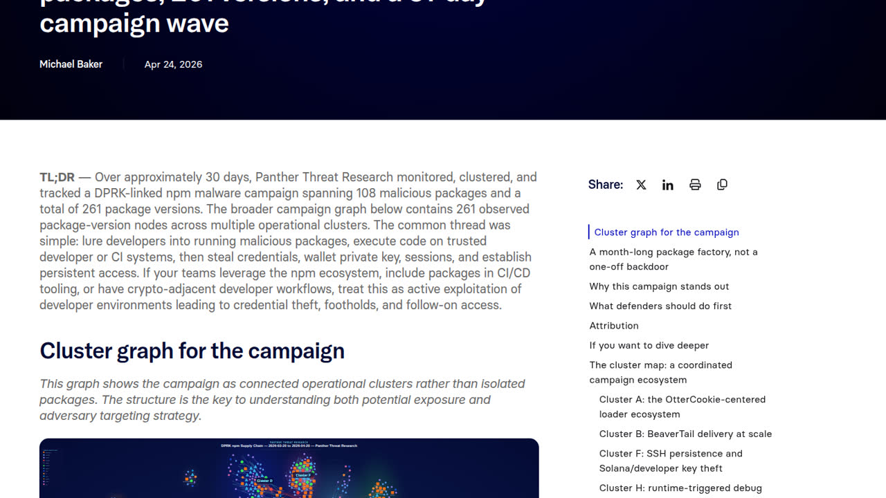 Thumbnail for Inside DPRK's npm malware factory: 108 packages, 261 versions, and a 31-day campaign wave