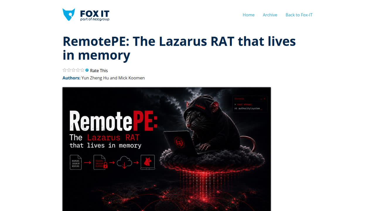 Thumbnail for RemotePE: The Lazarus RAT that lives in memory