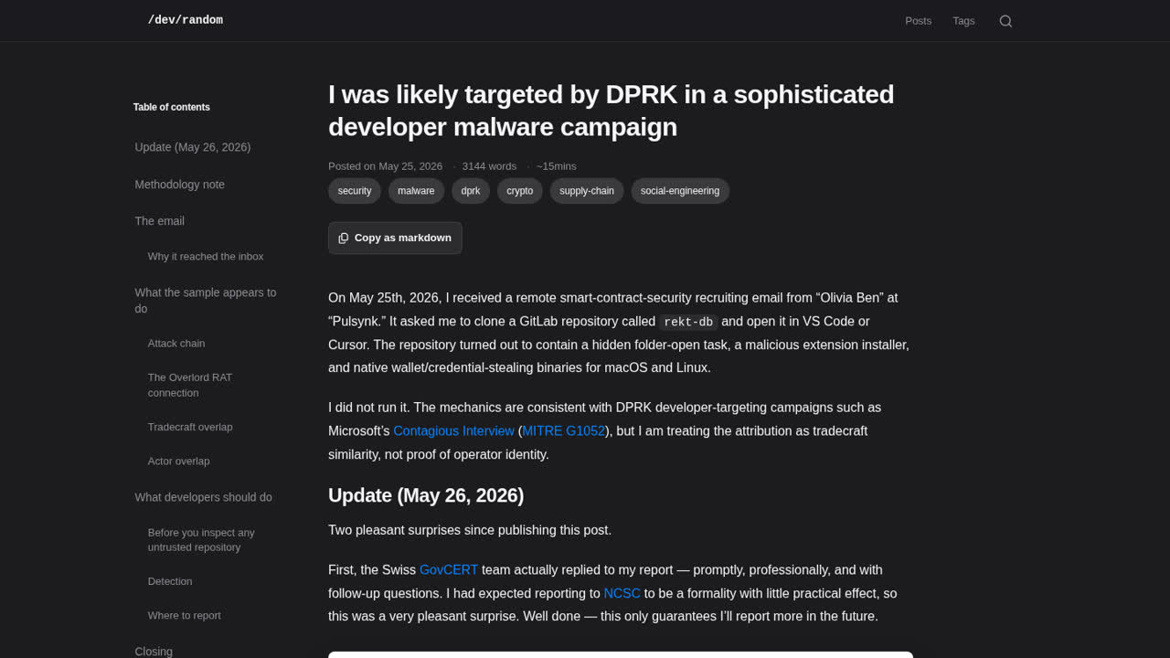 Thumbnail for I was likely targeted by DPRK in a sophisticated developer malware campaign