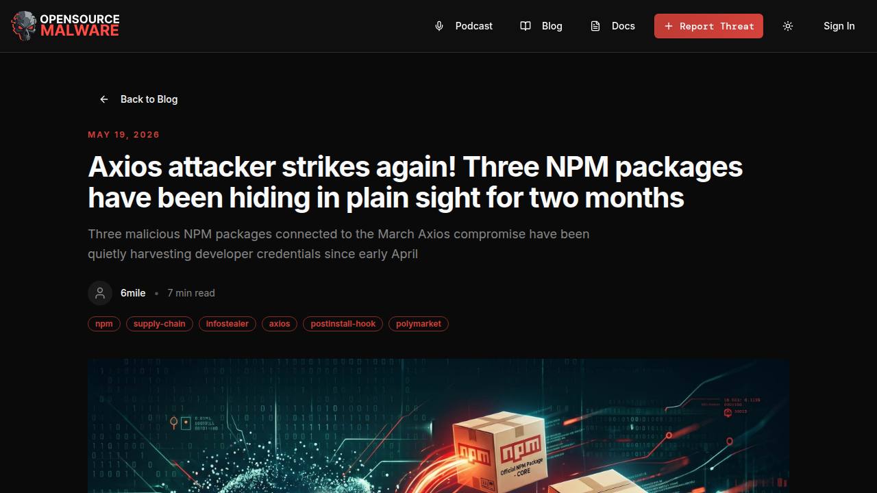 Thumbnail for Axios attacker strikes again! Three NPM packages have been hiding in plain sight for two months