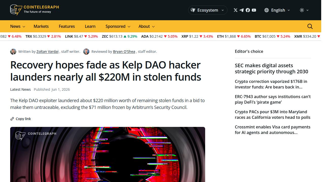 Thumbnail for Recovery hopes fade as Kelp DAO hacker launders nearly all $220M in stolen funds