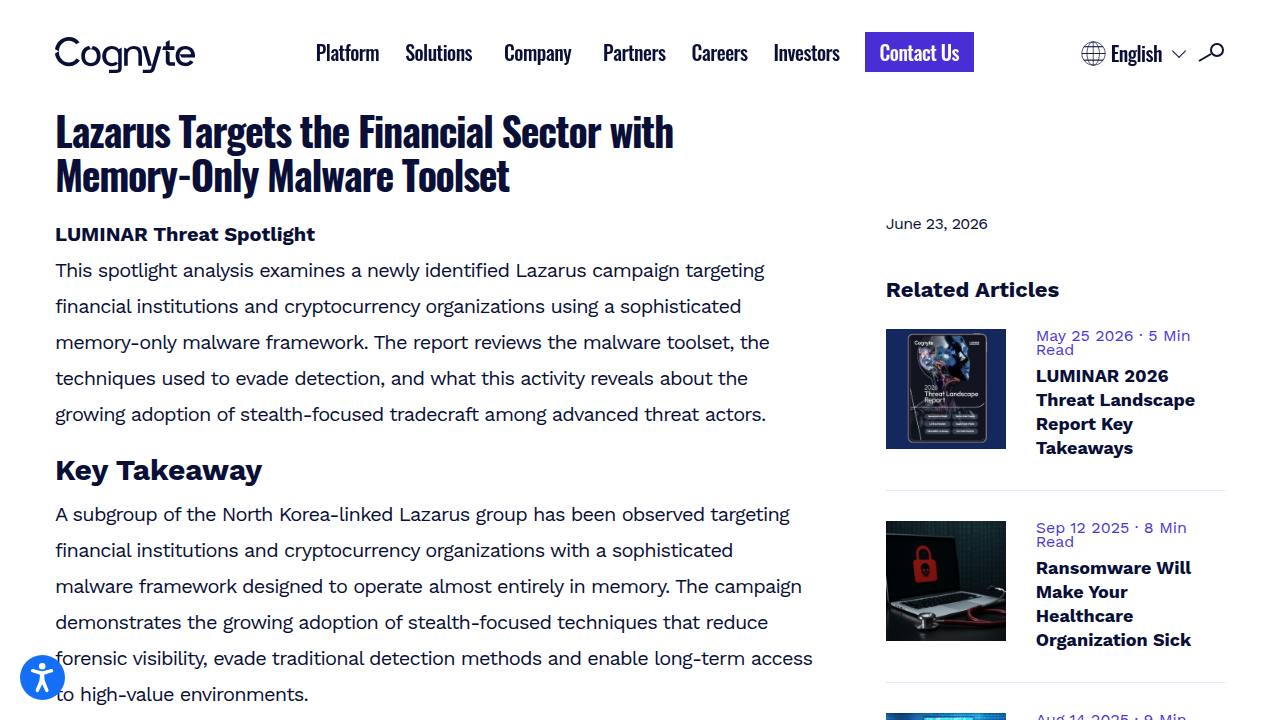 Thumbnail for Lazarus Targets the Financial Sector with Memory-Only Malware Toolset