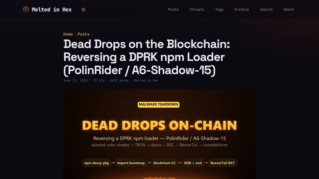 Thumbnail for Dead Drops on the Blockchain: Reversing a DPRK npm Loader (PolinRider / A6-Shadow-15)