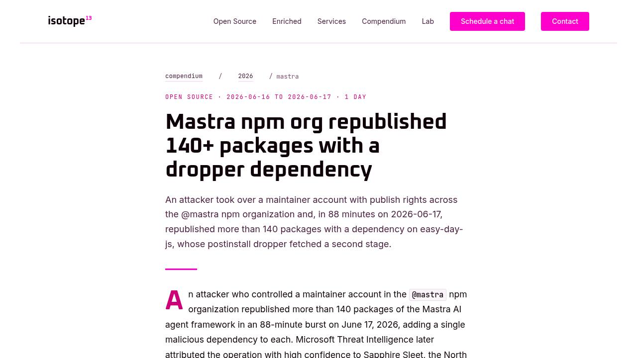 Thumbnail for Mastra npm org republished 140+ packages with a dropper dependency