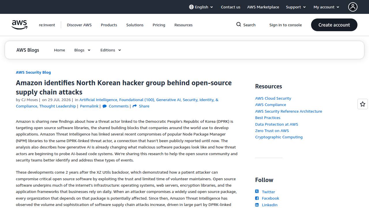 Thumbnail for Amazon identifies North Korean hacker group behind open-source supply chain attacks
