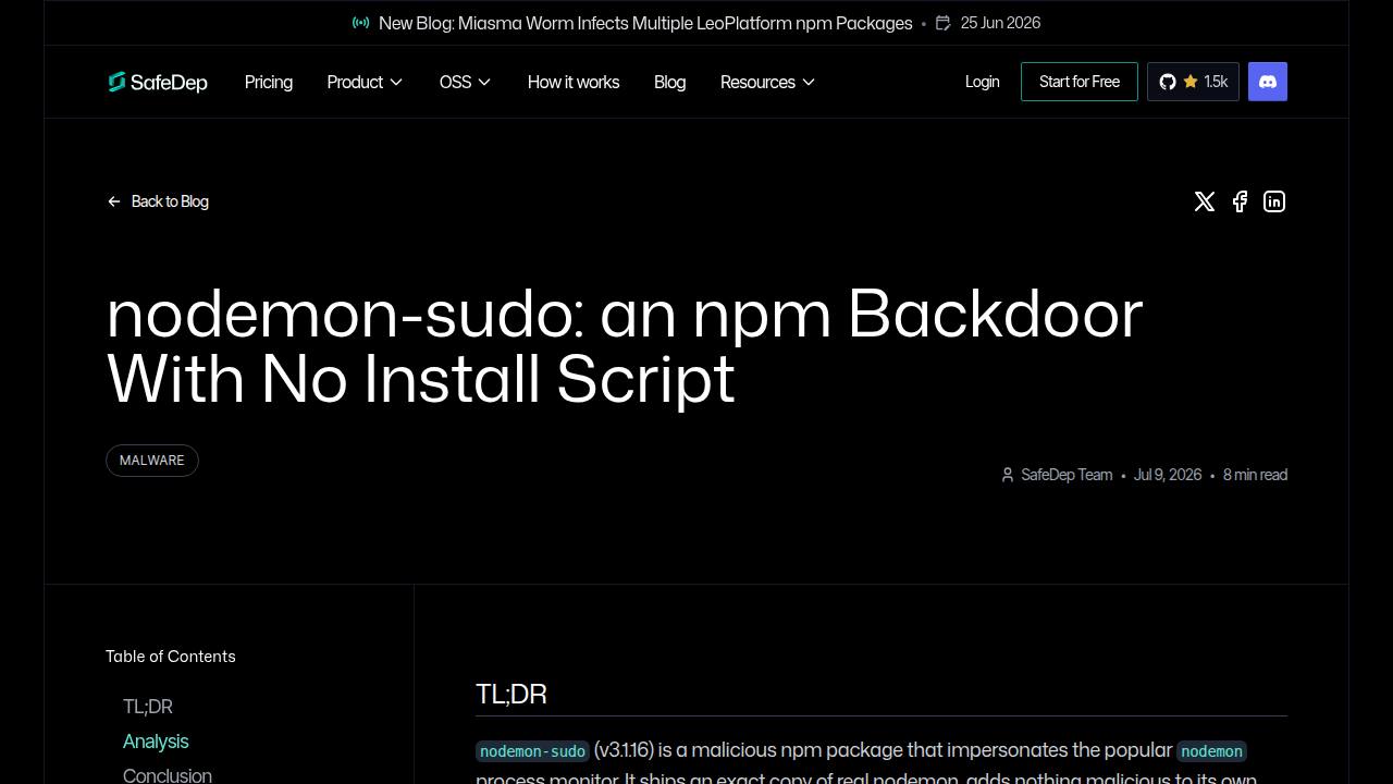 Thumbnail for nodemon-sudo: an npm Backdoor With No Install Script