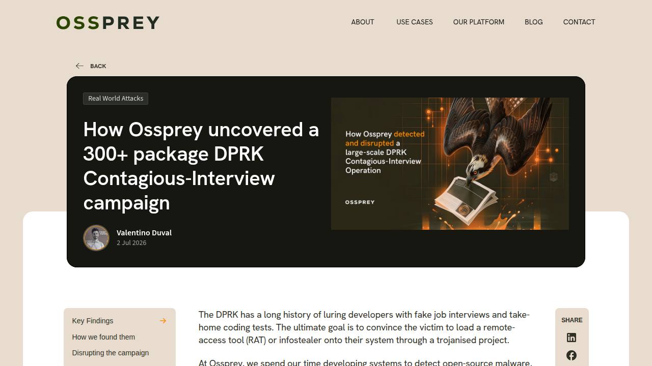 Thumbnail for How Ossprey uncovered a 300+ package DPRK Contagious-Interview campaign