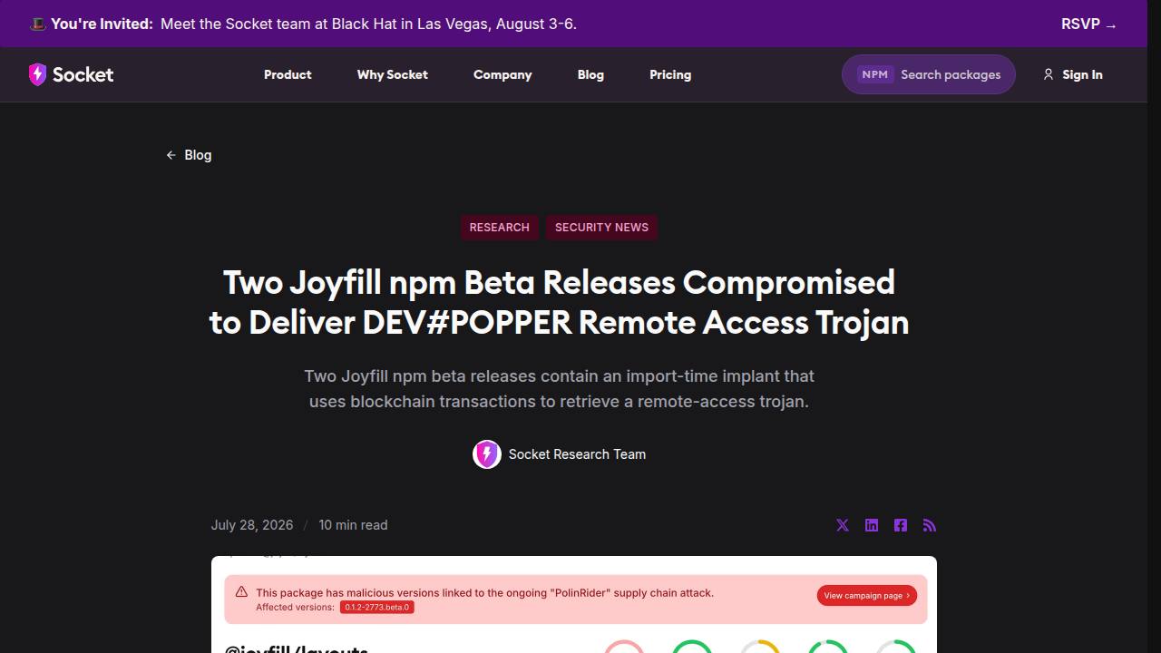 Thumbnail for Two Joyfill npm Beta Releases Compromised to Deliver DEV#POPPER Remote Access Trojan