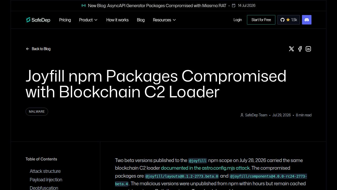 Thumbnail for Joyfill npm Packages Compromised with Blockchain C2 Loader