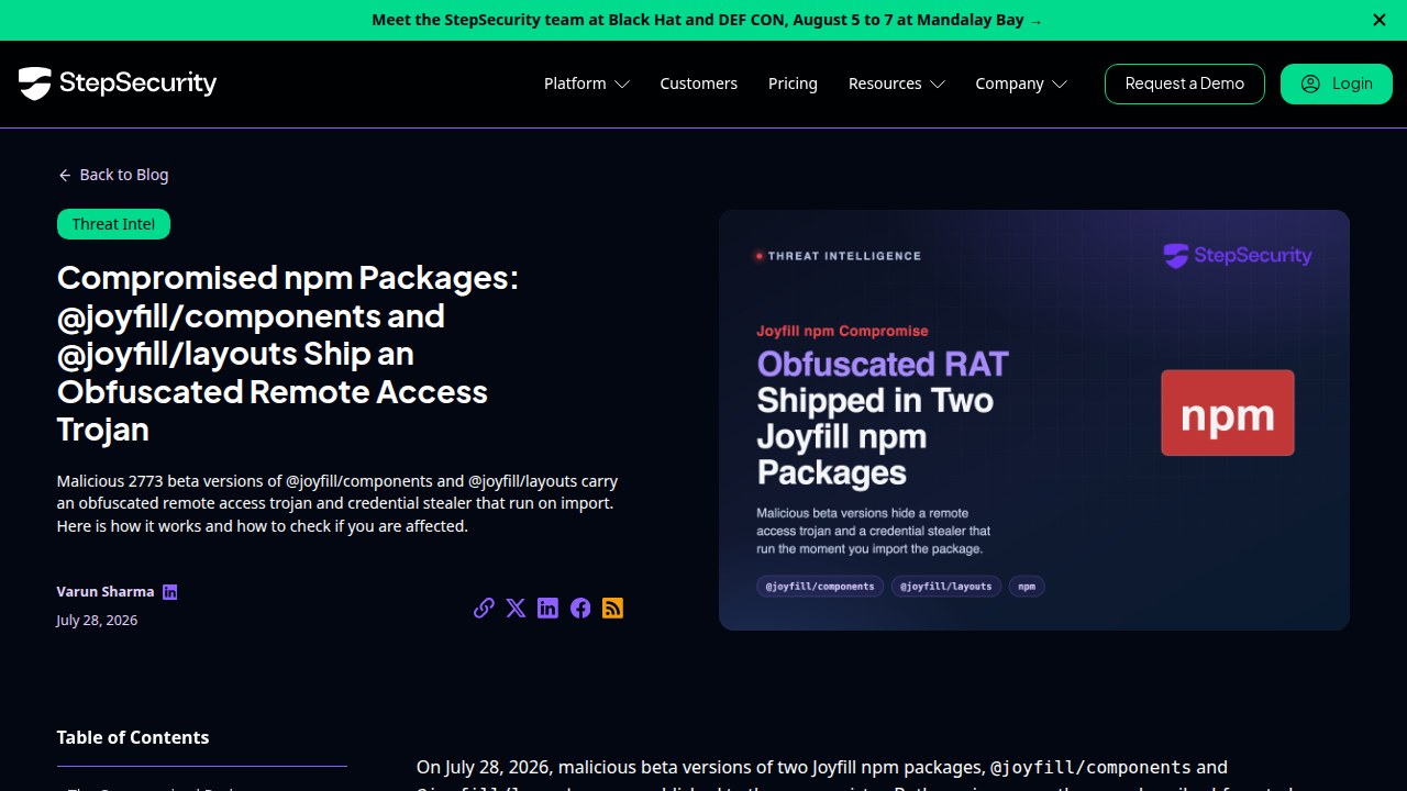 Thumbnail for Compromised npm Packages: @joyfill/components and @joyfill/layouts Ship an Obfuscated Remote Access Trojan