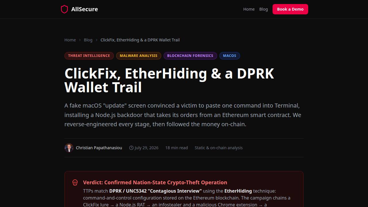 Thumbnail for ClickFix, EtherHiding & a DPRK Wallet Trail
