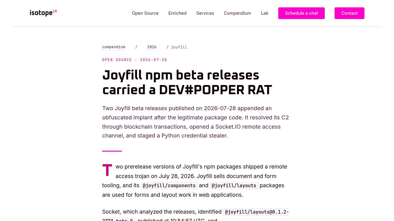 Thumbnail for Joyfill npm beta releases carried a DEV#POPPER RAT