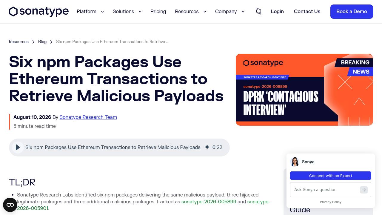Thumbnail for Six npm Packages Use Ethereum Transactions to Retrieve Malicious Payloads
