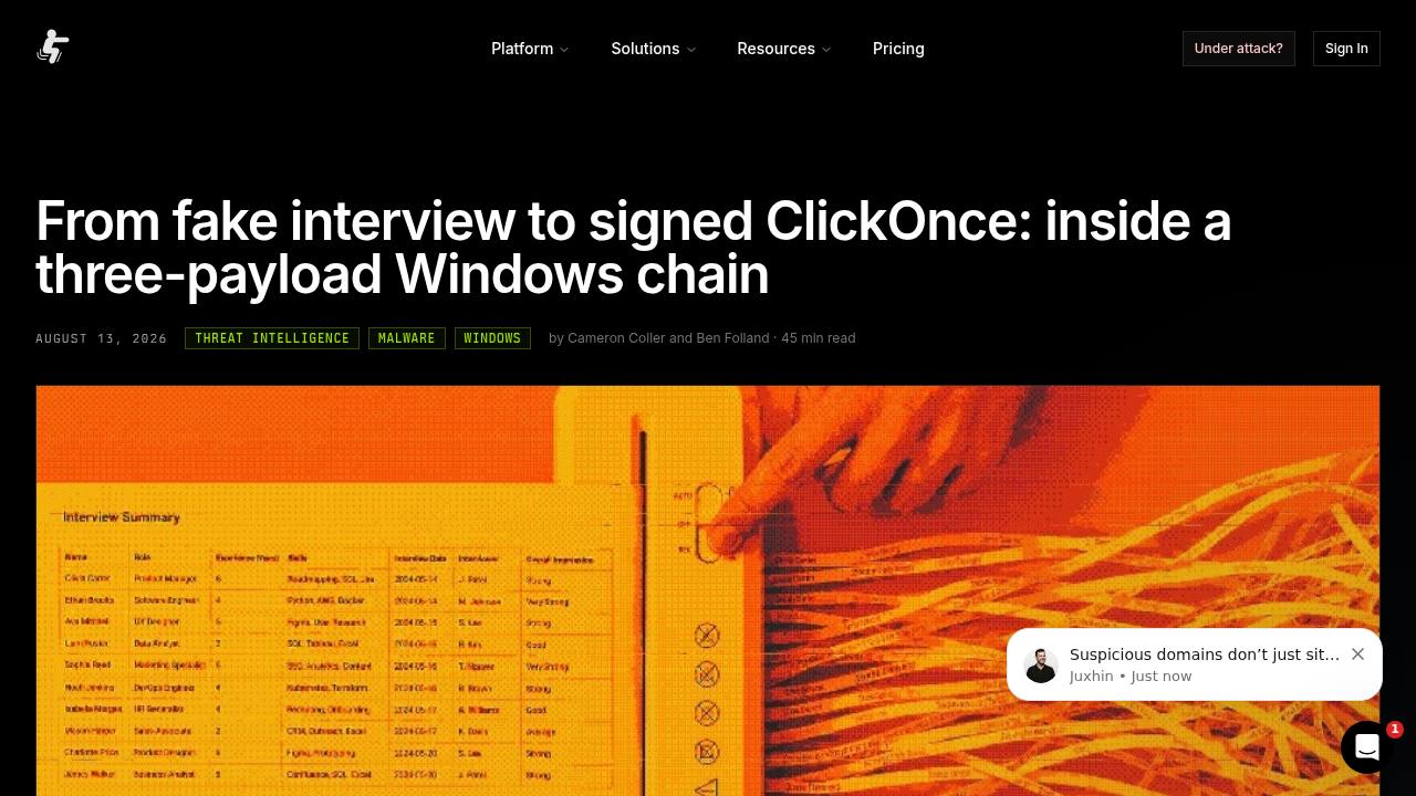 Thumbnail for From fake interview to signed ClickOnce: inside a three-payload Windows chain