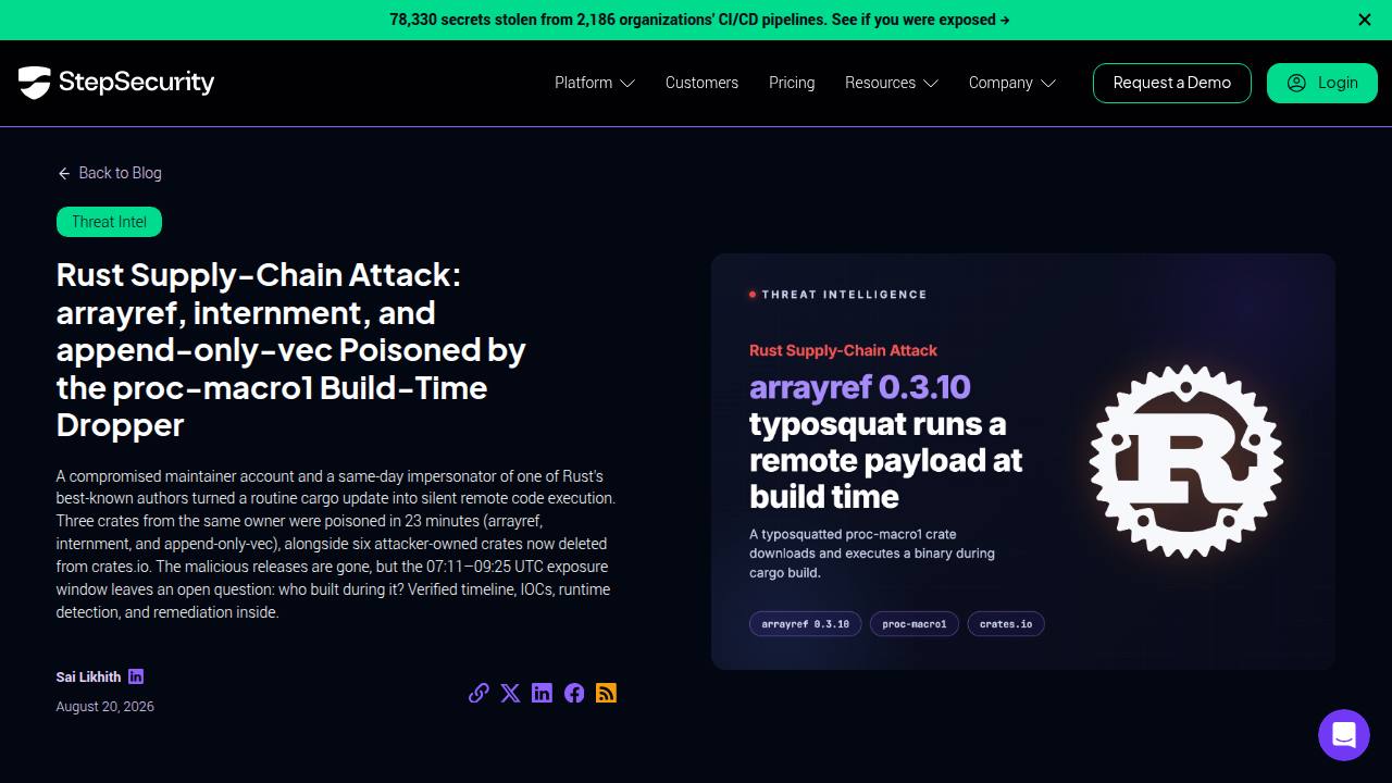 Thumbnail for Rust Supply-Chain Attack: arrayref, internment, and append-only-vec Poisoned by the proc-macro1 Build-Time Dropper