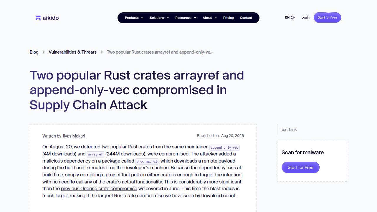 Thumbnail for Two popular Rust crates arrayref and append-only-vec compromised in Supply Chain Attack