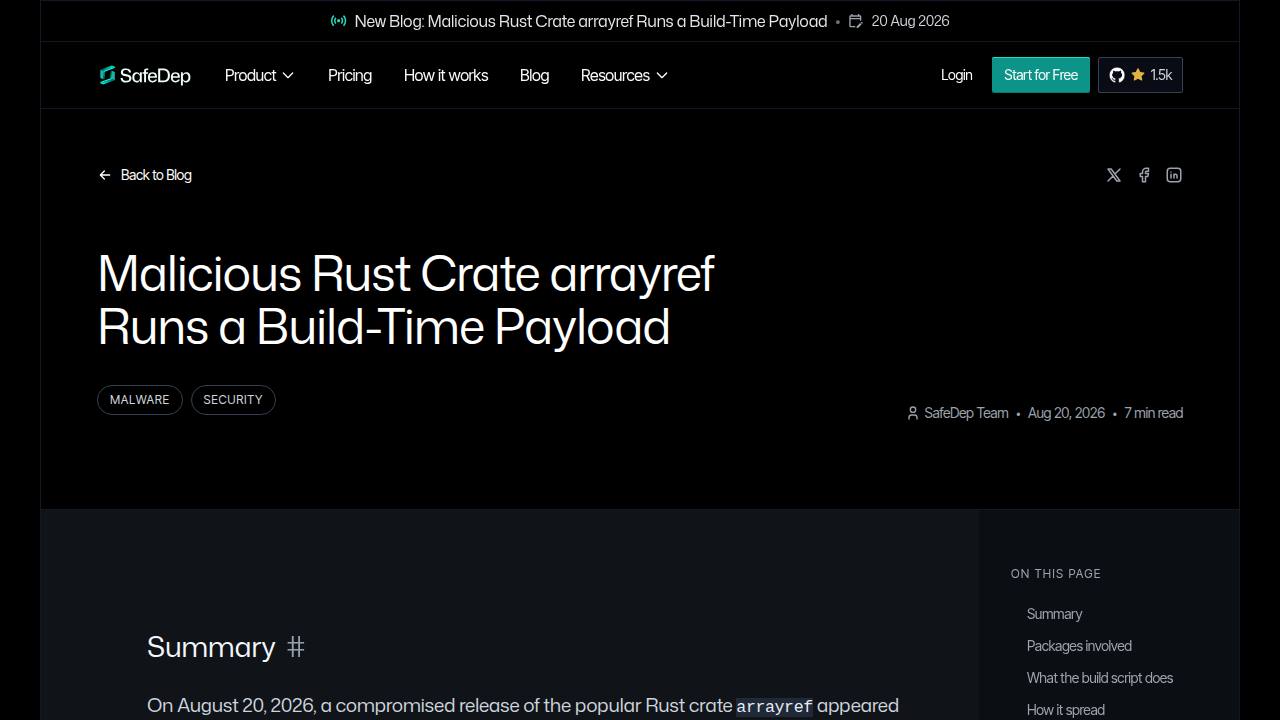Thumbnail for Malicious Rust Crate arrayref Runs a Build-Time Payload