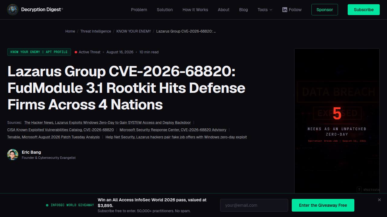 Thumbnail for Lazarus Group CVE-2026-68820: Windows Zero-Day Rootkit