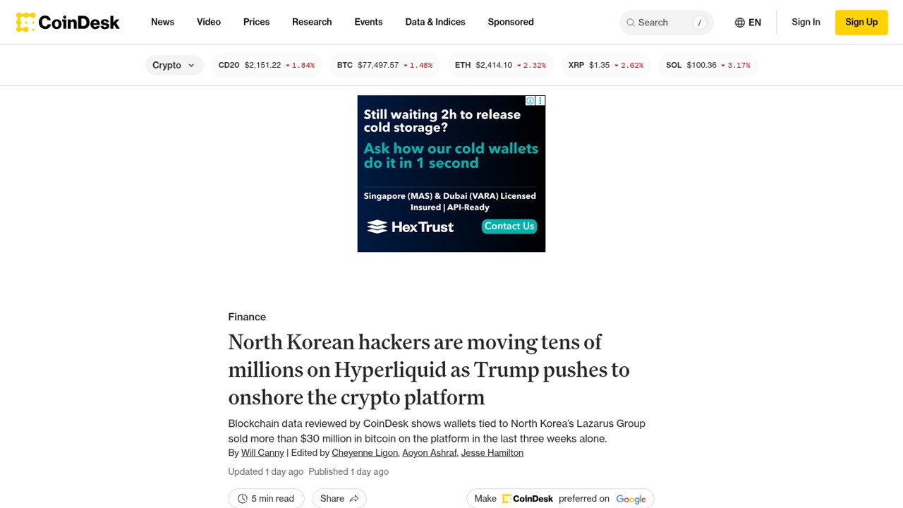 Thumbnail for North Korean hackers are moving tens of millions on Hyperliquid as Trump pushes to onshore the crypto platform