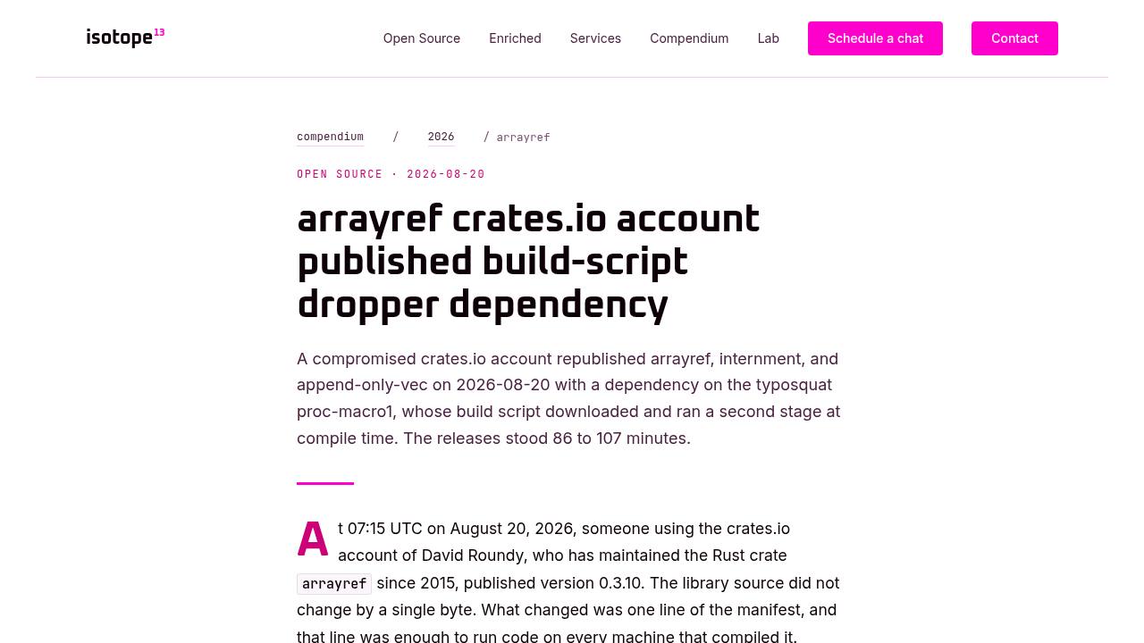Thumbnail for arrayref crates.io account published build-script dropper dependency
