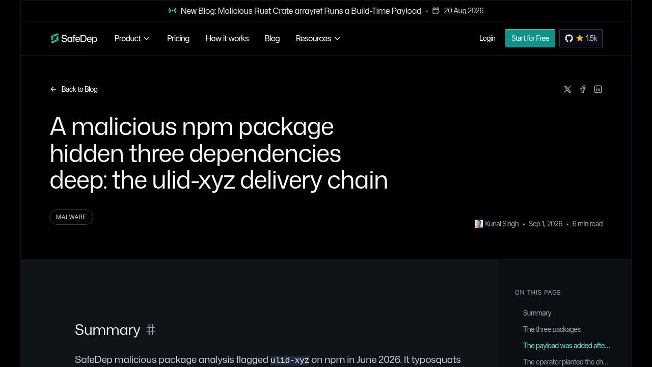 Thumbnail for A malicious npm package hidden three dependencies deep: the ulid-xyz delivery chain