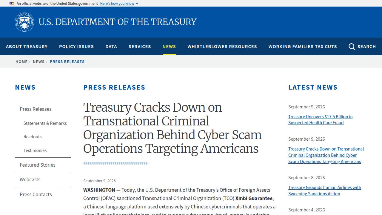 Thumbnail for Treasury Cracks Down on Transnational Criminal Organization Behind Cyber Scam Operations Targeting Americans