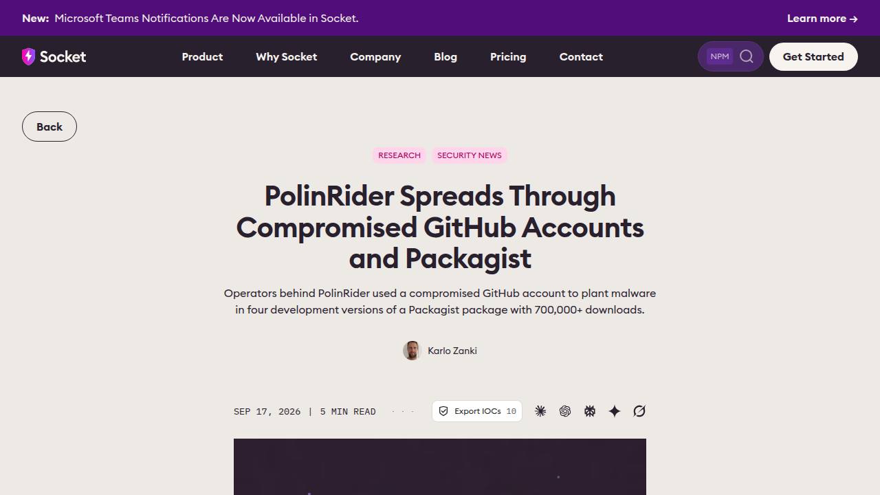 Thumbnail for PolinRider Spreads Through Compromised GitHub Accounts and Packagist