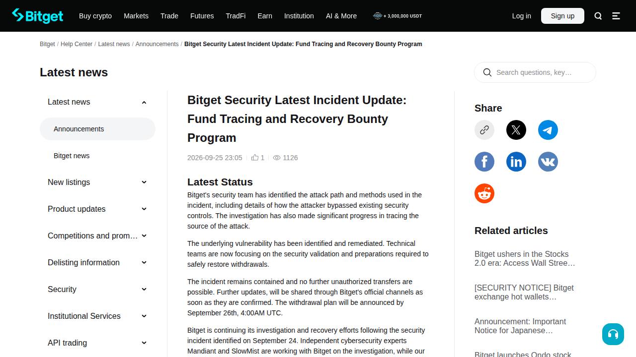 Thumbnail for Bitget Security Latest Incident Update: Fund Tracing and Recovery Bounty Program