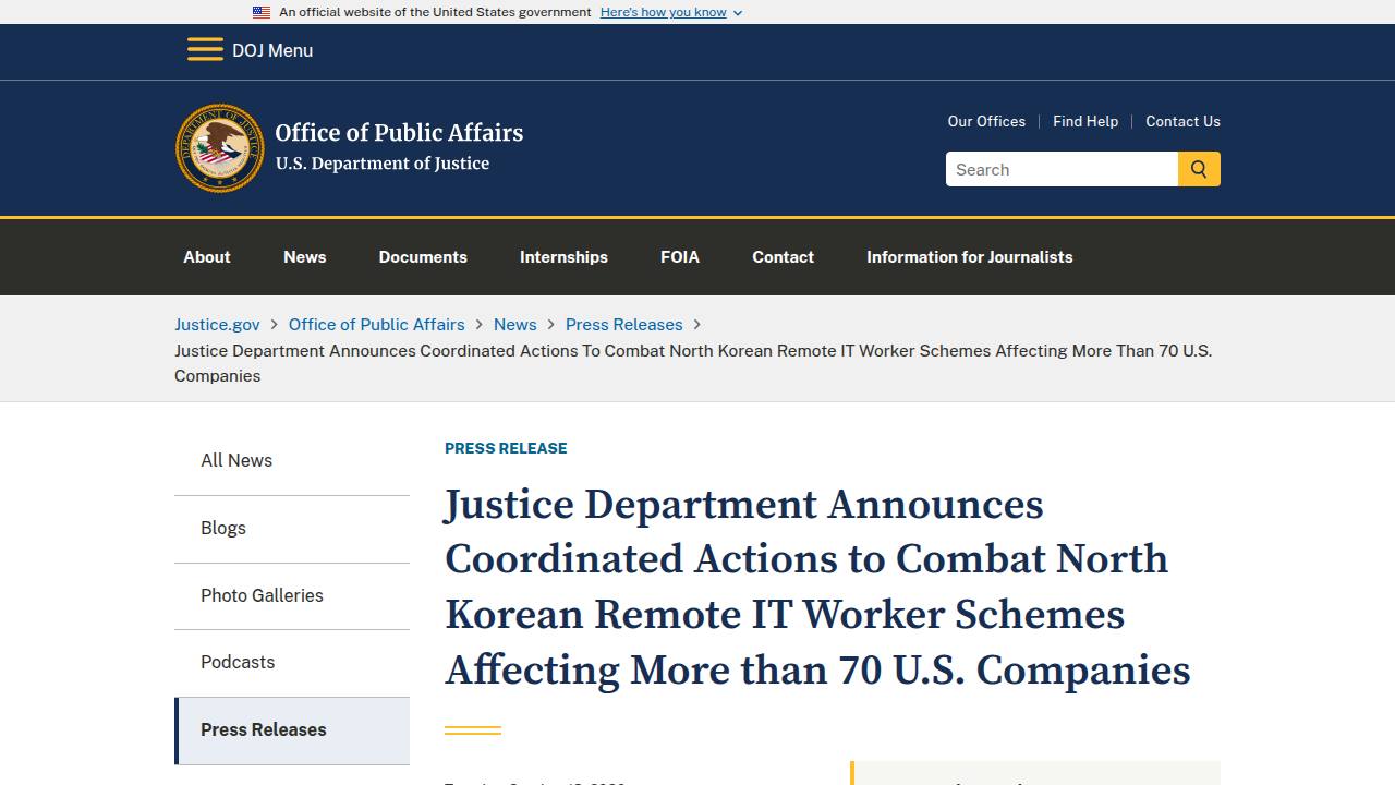 Thumbnail for Justice Department Announces Coordinated Actions to Combat North Korean Remote IT Worker Schemes Affecting More than 70 U.S. Companies