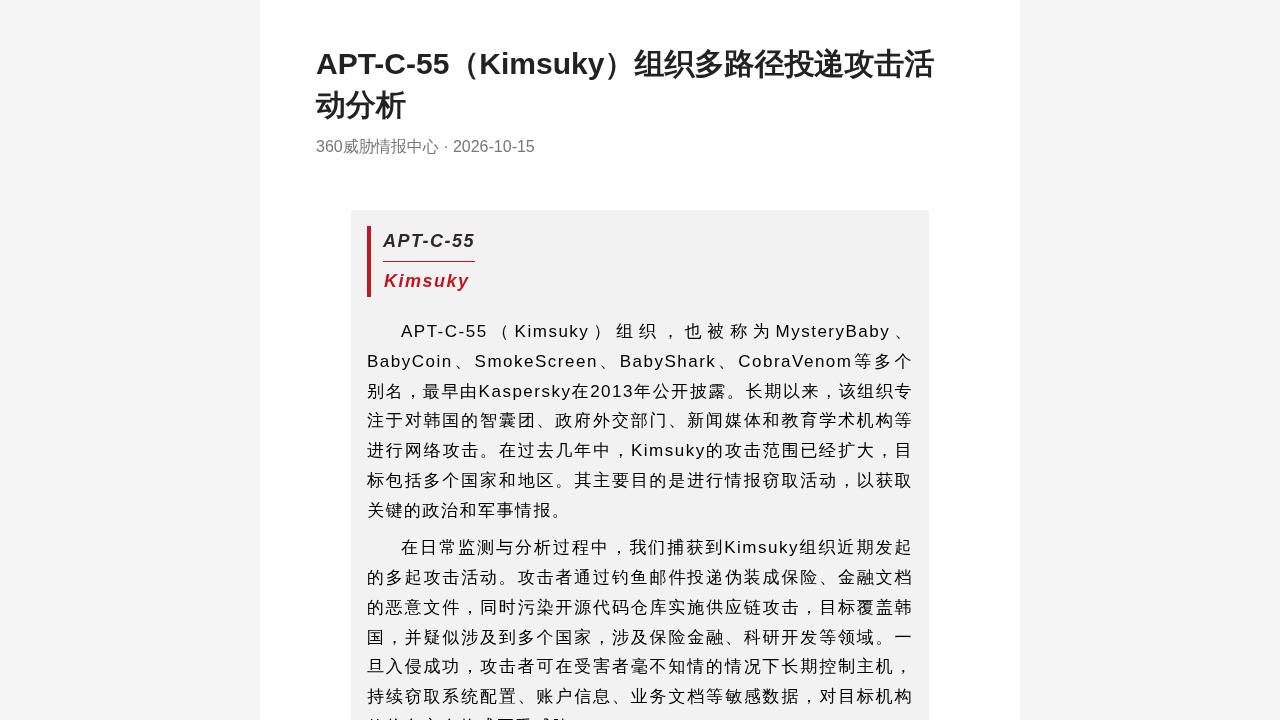 Thumbnail for APT-C-55（Kimsuky）组织多路径投递攻击活动分析