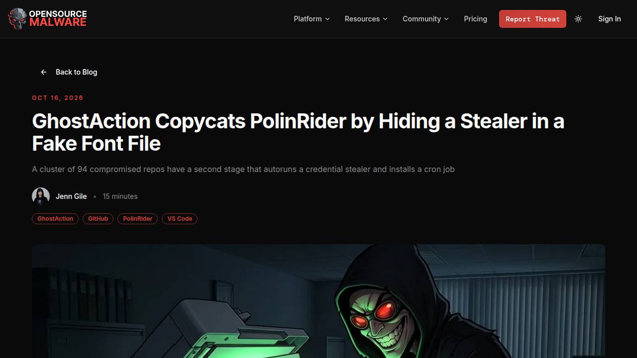 Thumbnail for GhostAction Copycats PolinRider by Hiding a Stealer in a Fake Font File