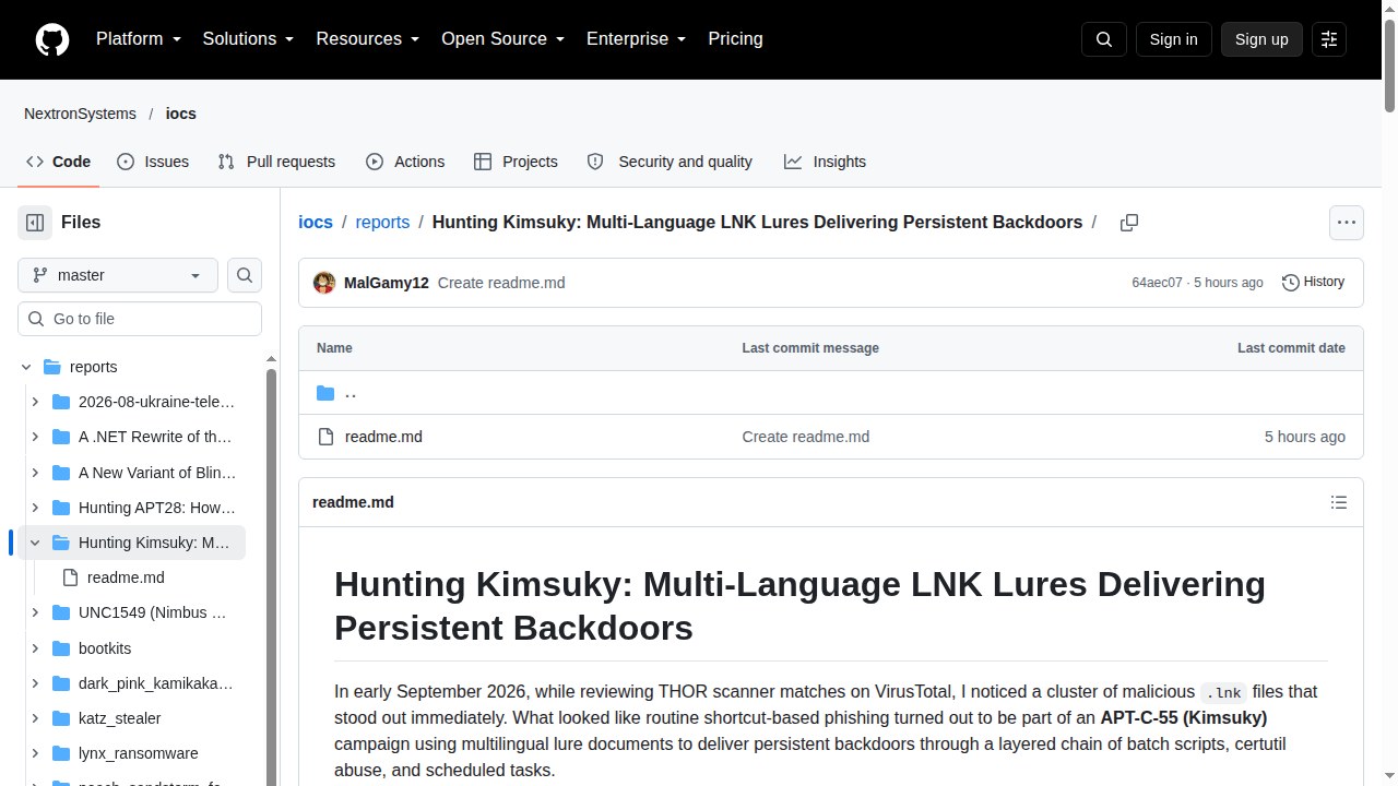 Thumbnail for Hunting Kimsuky: Multi-Language LNK Lures Delivering Persistent Backdoors