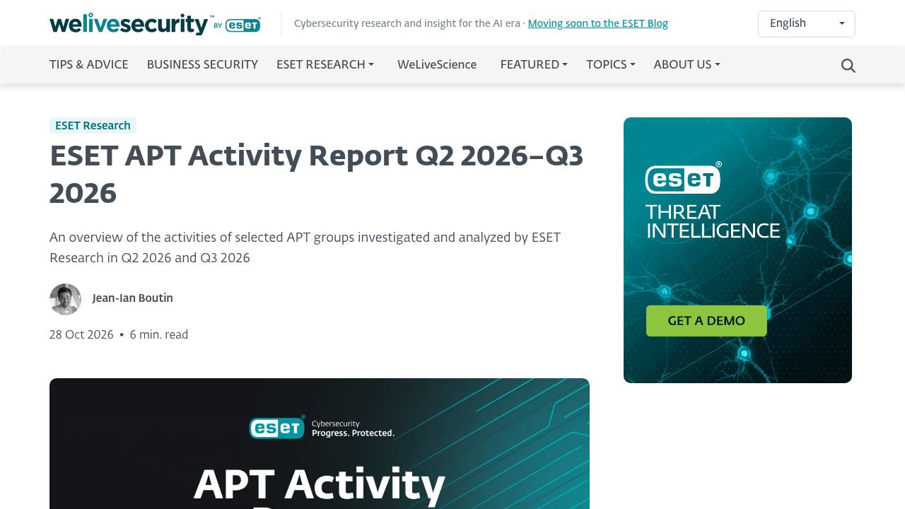 Thumbnail for ESET APT Activity Report Q2 2026–Q3 2026
