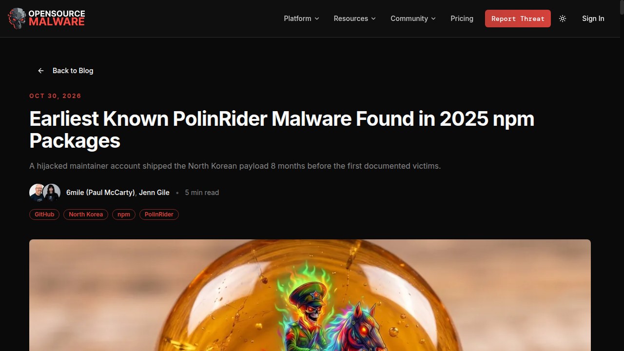 Thumbnail for Earliest Known PolinRider Malware Found in 2025 npm Packages