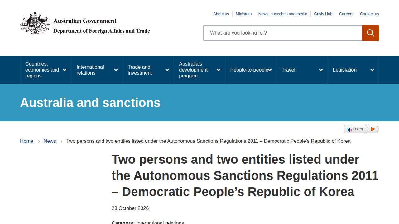 Thumbnail for Two persons and two entities listed under the Autonomous Sanctions Regulations 2011 – Democratic People’s Republic of Korea